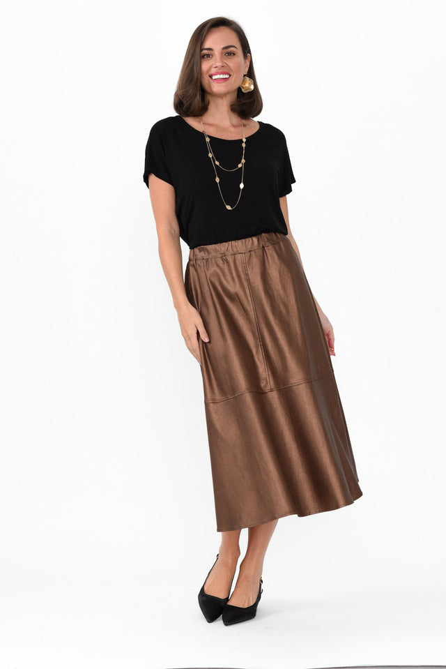Oriel Bronze Faux Leather Midi Skirt,Brunette model,alt text|model:MJ image 7
