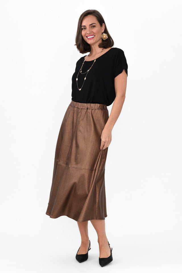 Oriel Bronze Faux Leather Midi Skirt,Brunette model,alt text|model:MJ image 3