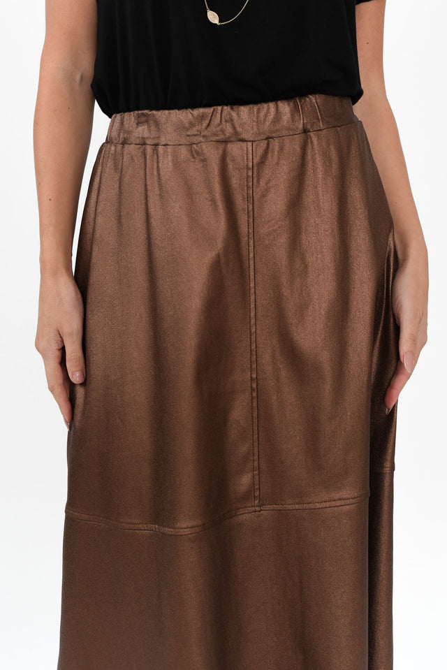 Oriel Bronze Faux Leather Midi Skirt,Brunette model,alt text|model:MJ image 4