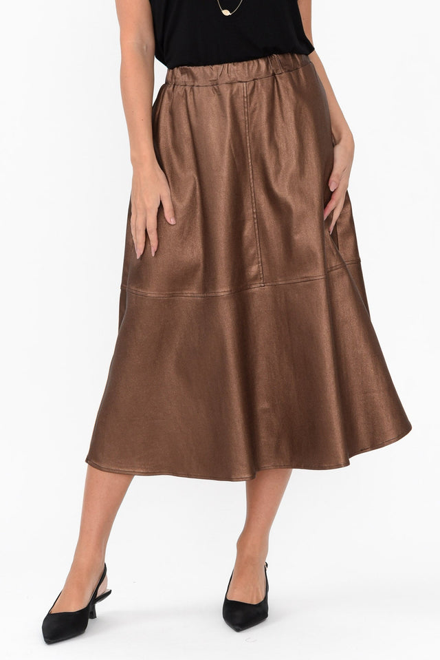 Oriel Bronze Faux Leather Midi Skirt,Brunette model,Oriel Bronze Faux Leather Midi Skirt length_Below Knee print_Plain hem_Straight colour_Brown SKIRTS alt text|model:MJ image 1