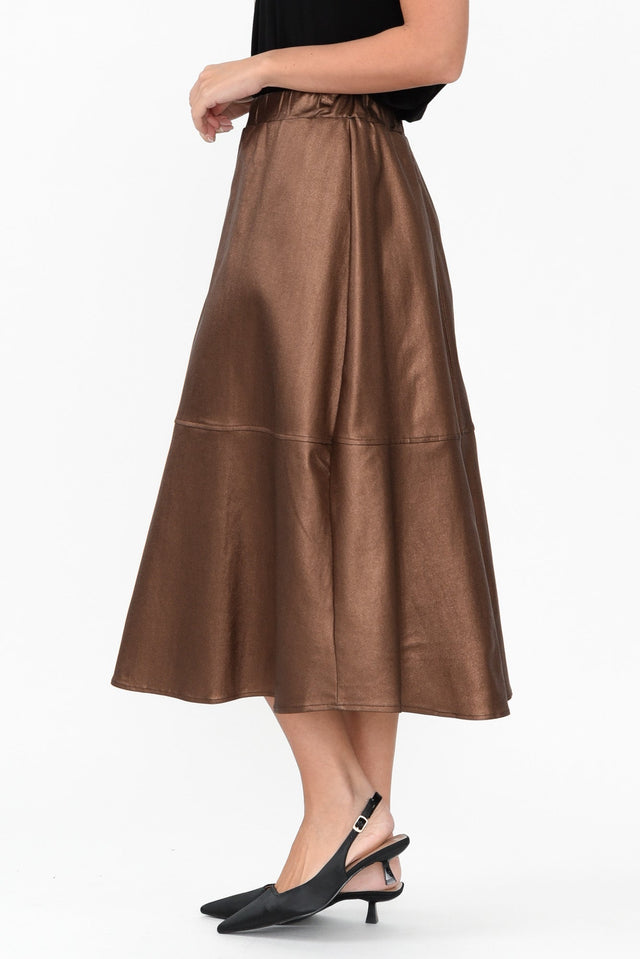 Oriel Bronze Faux Leather Midi Skirt,Brunette model,alt text|model:MJ image 5