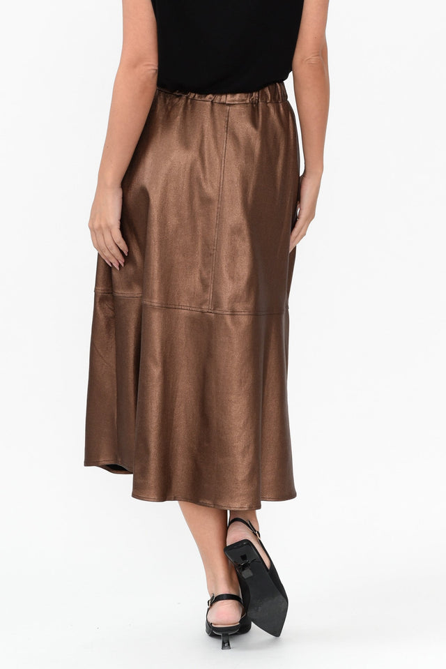 Oriel Bronze Faux Leather Midi Skirt,Brunette model,alt text|model:MJ image 6