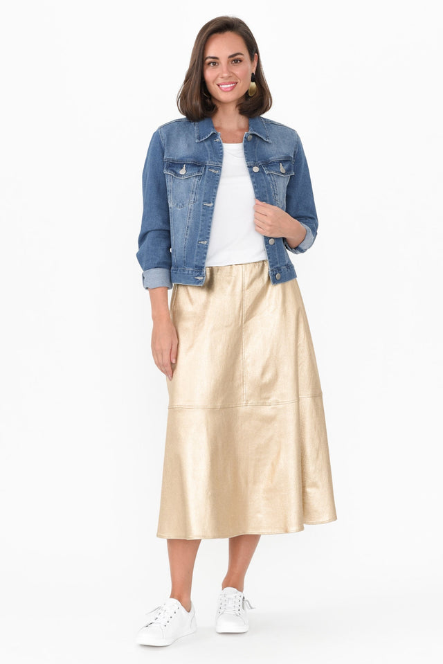 Oriel Gold Faux Leather Midi Skirt,Brunette model,alt text|model:MJ image 7