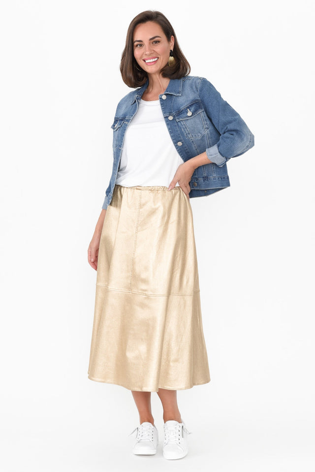 Oriel Gold Faux Leather Midi Skirt,Brunette model,alt text|model:MJ image 3