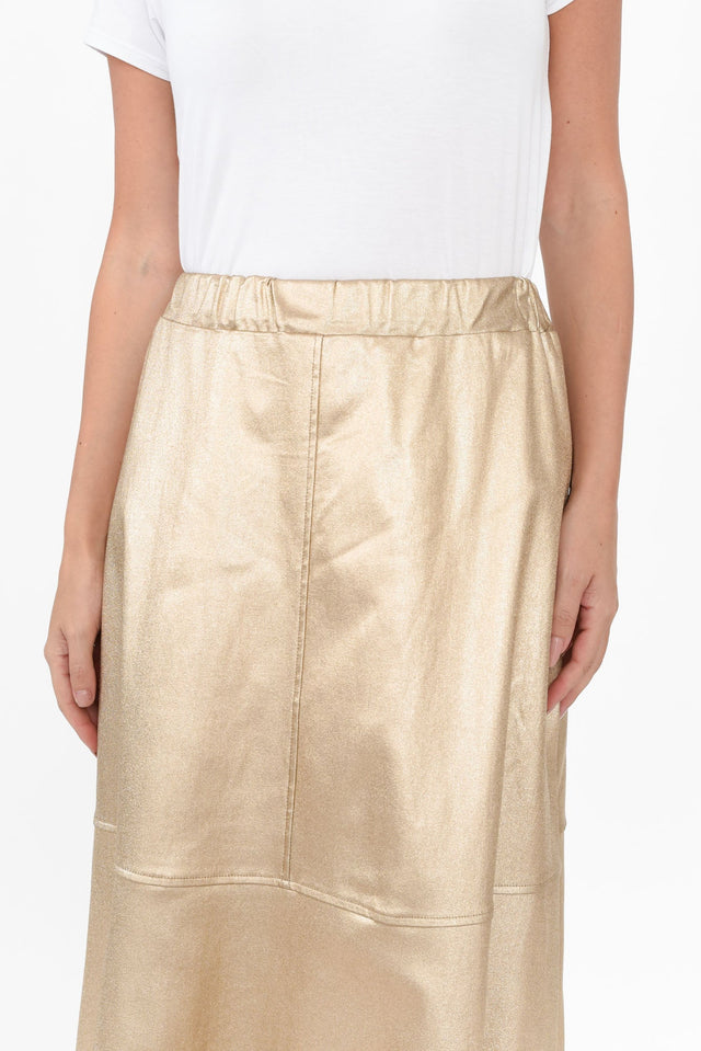 Oriel Gold Faux Leather Midi Skirt,Brunette model,alt text|model:MJ image 6