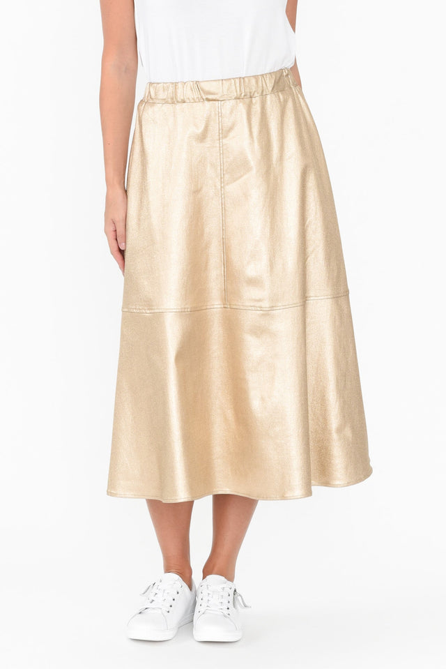 Oriel Gold Faux Leather Midi Skirt,Brunette model,Oriel Gold Faux Leather Midi Skirt length_Midi print_Plain hem_Straight colour_Gold SKIRTS alt text|model:MJ