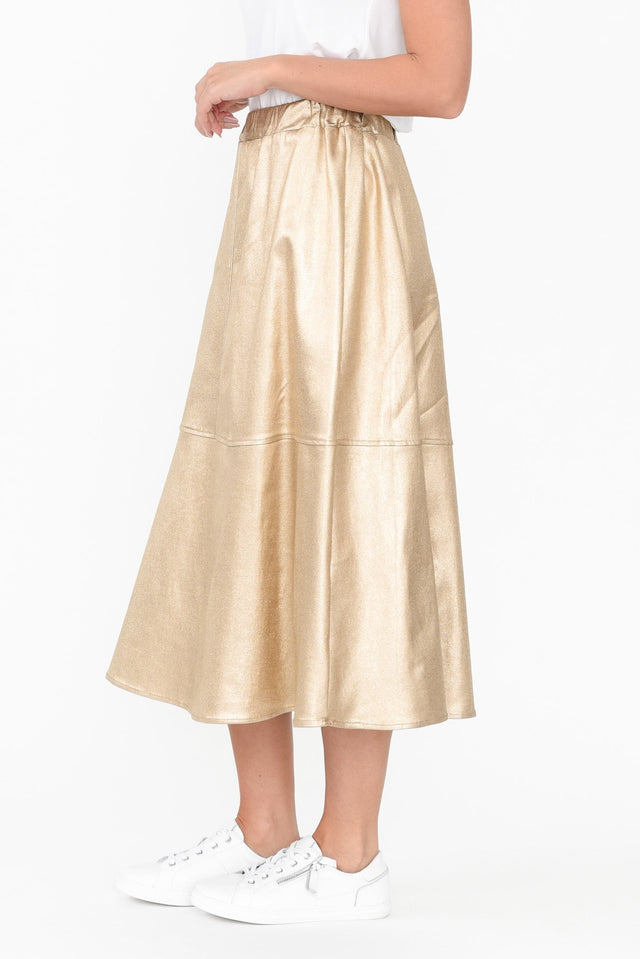 Oriel Gold Faux Leather Midi Skirt,Brunette model,alt text|model:MJ image 4