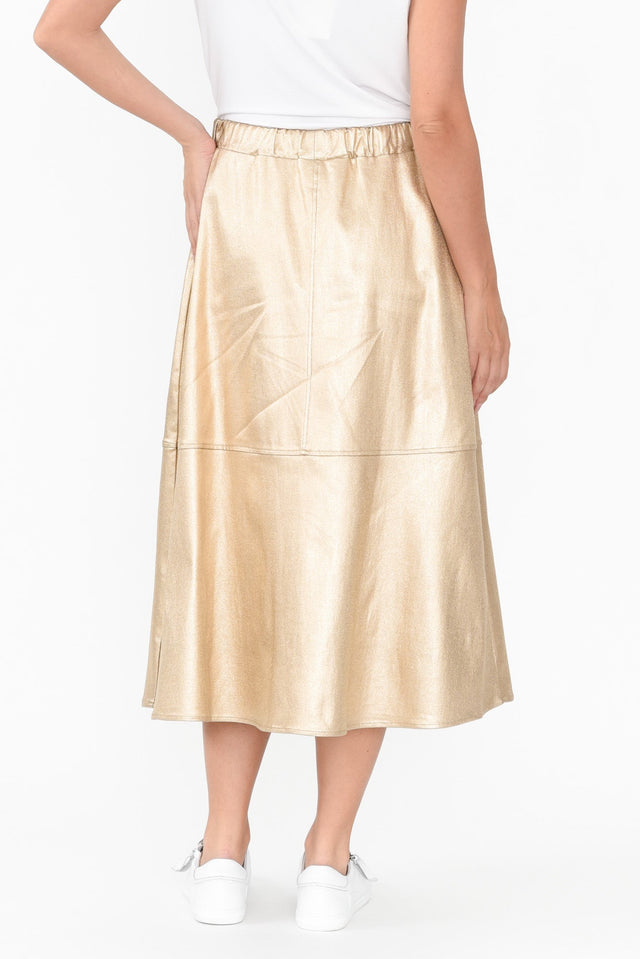 Oriel Gold Faux Leather Midi Skirt,Brunette model,alt text|model:MJ image 5