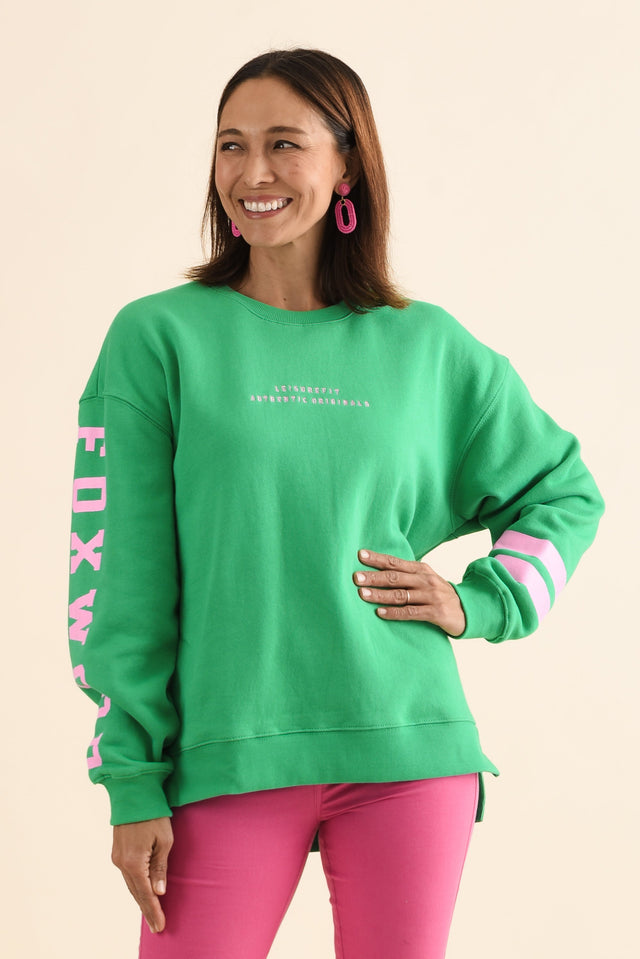 Origin Green Cotton Crewneck Sweatshirt,Front,Brunette model,alt text|model:Cara image 1
