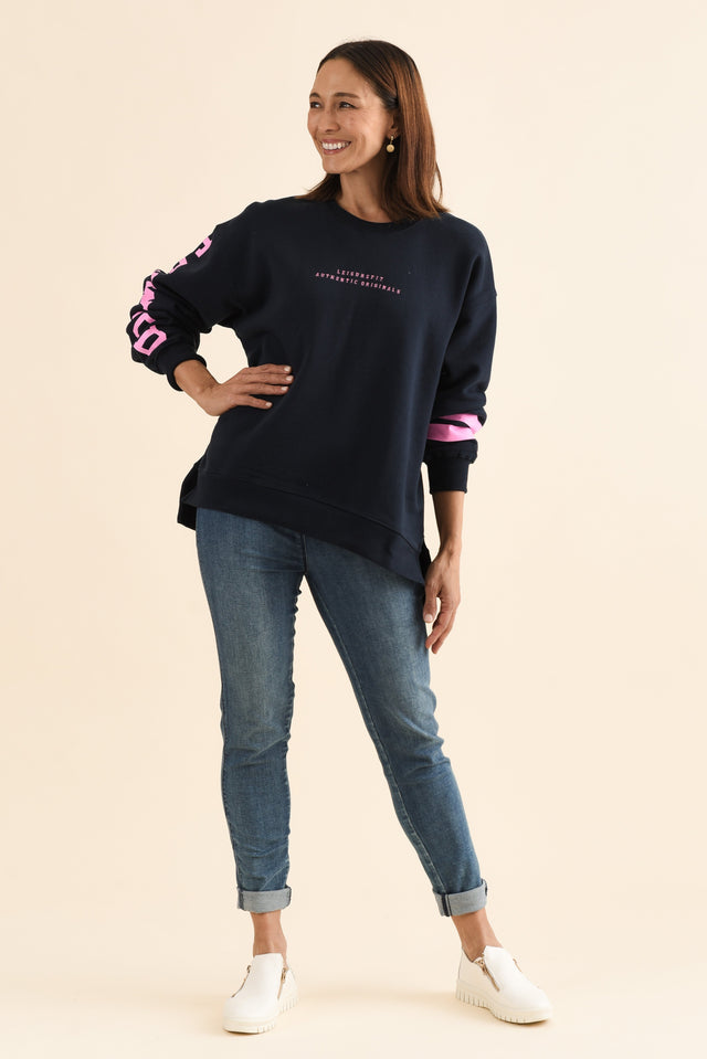 Origin Navy Cotton Crewneck Sweatshirt,Full Body,Brunette model,alt text|model:Cara image 2