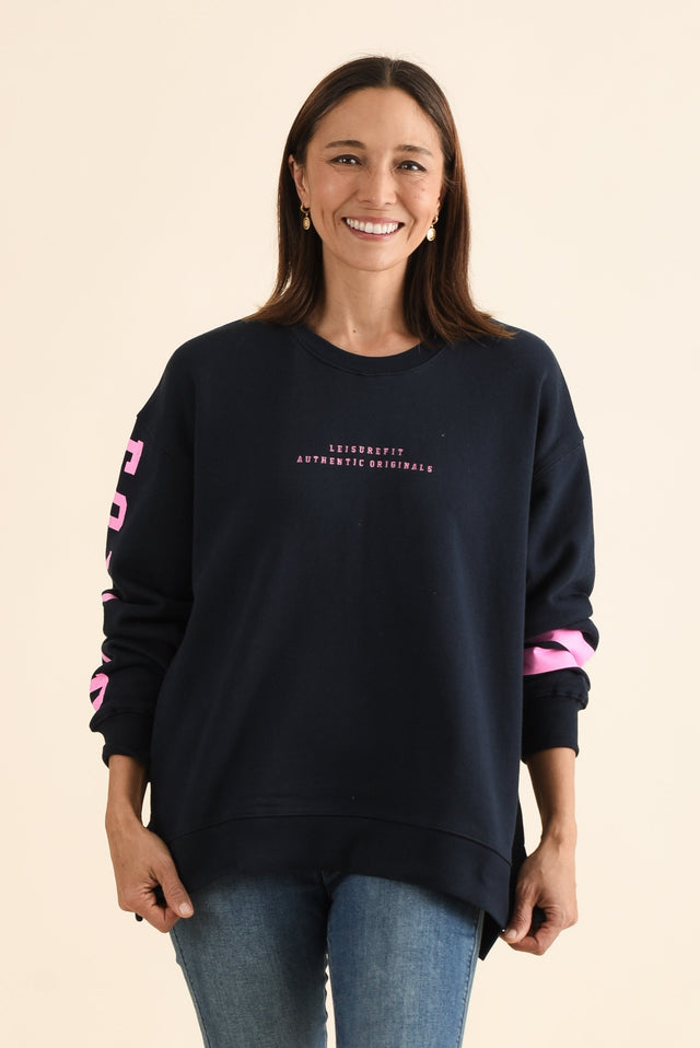 Origin Navy Cotton Crewneck Sweatshirt,Front,Brunette model,alt text|model:Cara image 1