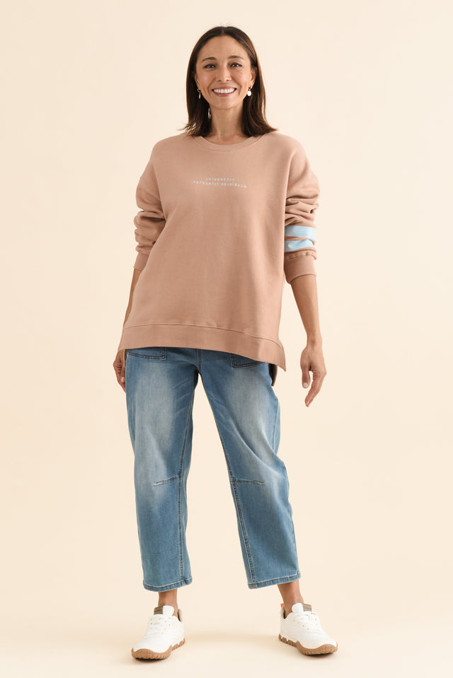 Origin Tan Cotton Crewneck Sweatshirt,Full Body,Brunette model,alt text|model:Cara image 6