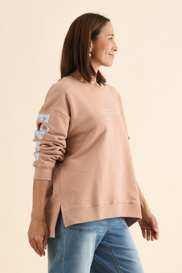 Origin Tan Cotton Crewneck Sweatshirt,Side,Brunette model,alt text|model:Cara image 3