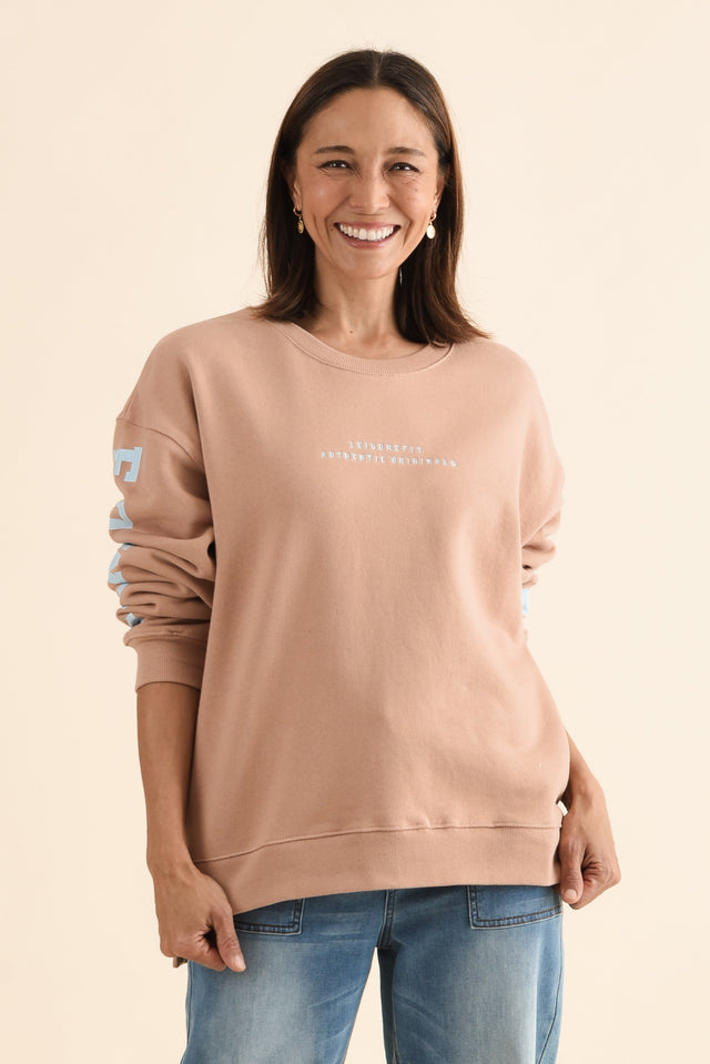 Origin Tan Cotton Crewneck Sweatshirt,Front,Brunette model,alt text|model:Cara image 1