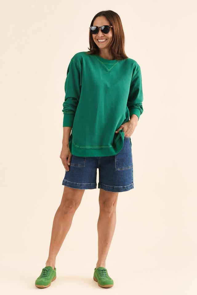 Osbourne Dark Green Cotton Sweatshirt,Full Body,Brunette model,alt text|model:Cara