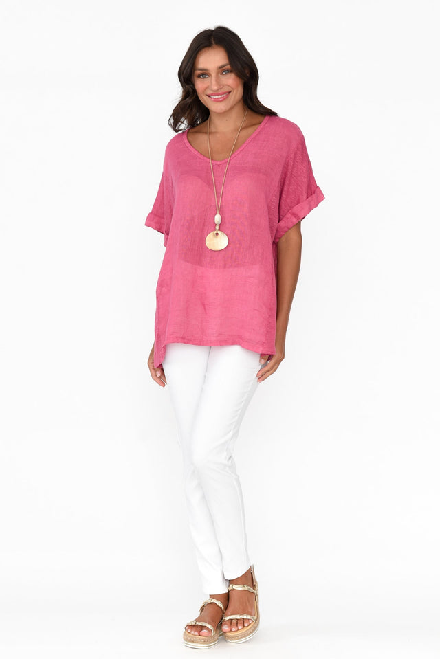 Oversized Anna Pink Linen Tee,Brunette model,alt text|model:Brontie image 5