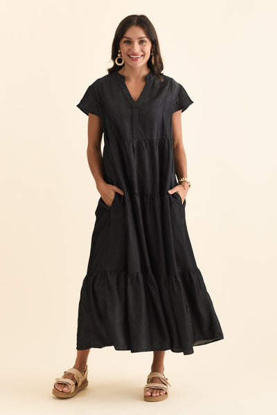 Oxford Dark Navy Tencel Tier Dress
