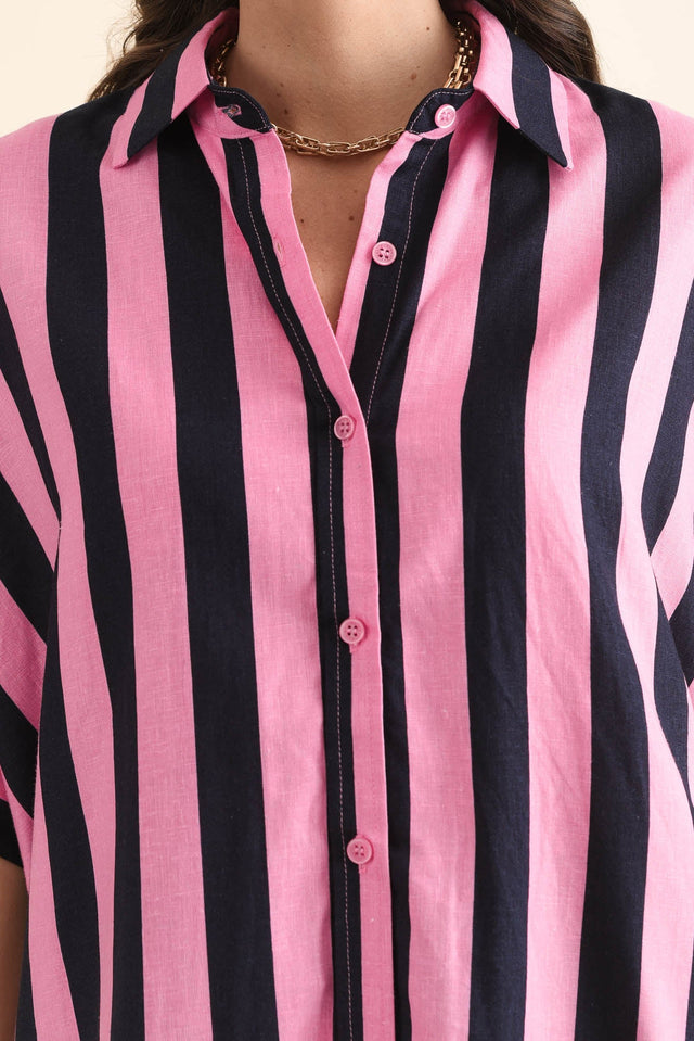 Palermo Navy Stripe Linen Blend Shirt,Detail,Brunette model,alt text|model:MJ image 5