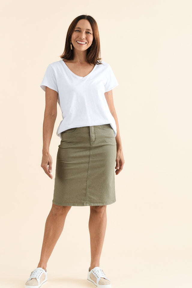 Palin Khaki Zip Front Skirt,brunette model,Full Outfit,alt text|model:Cara image 6