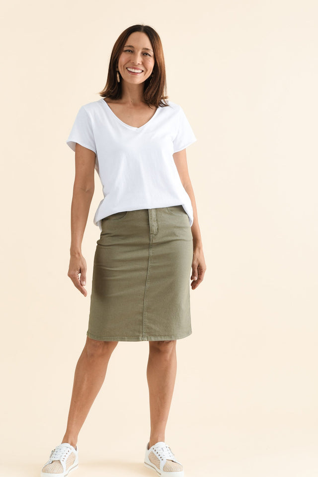 Palin Khaki Zip Front Skirt,Full Body,Brunette model,alt text|model:Cara image 4