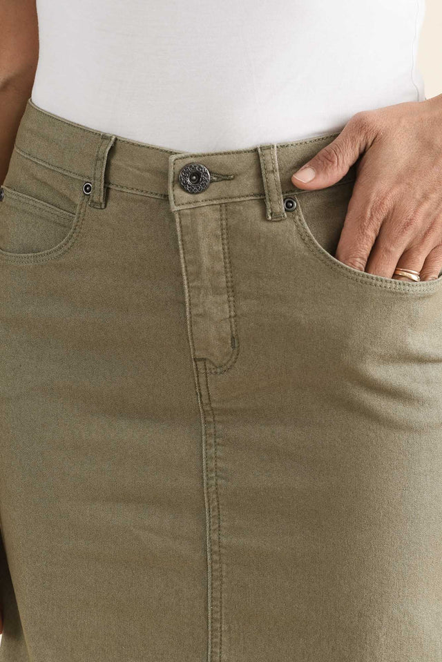 Palin Khaki Zip Front Skirt,brunette model,Close up of outfit,alt text|model:Cara image 5