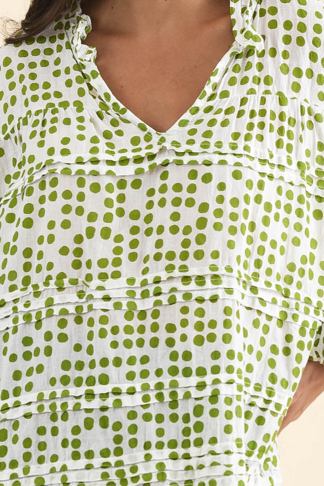 Palmer Green Spot Cotton Long Sleeve Top,Brunette model,alt text|model:Brontie image 6