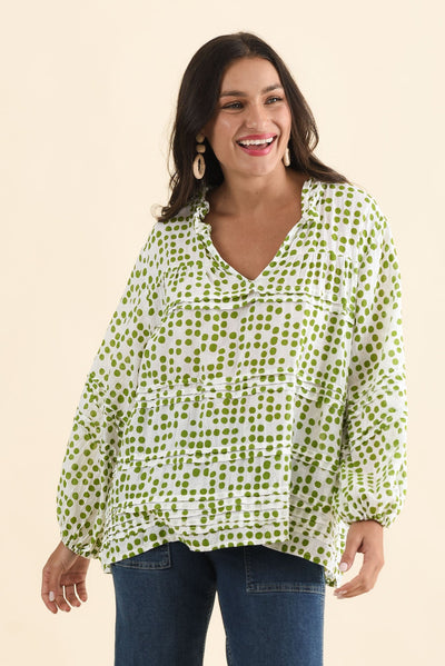 Palmer Green Spot Cotton Long Sleeve Top