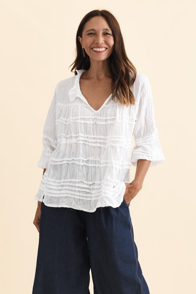 Palmer White Cotton Long Sleeve Top,Brunette model,alt text|model:Cara image 2