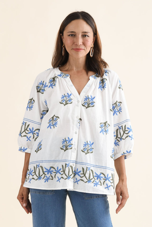 Pandora White Floral Embroidered Cotton Top,Front,Brunette model,alt text|model:Cara image 1