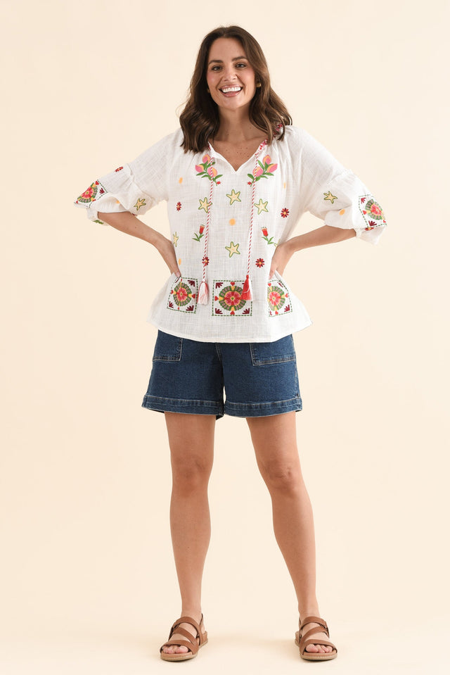 Paradiso Cream Beach Cotton Tassel Top,Full Body,Brunette model,alt text|model:MJ image 2