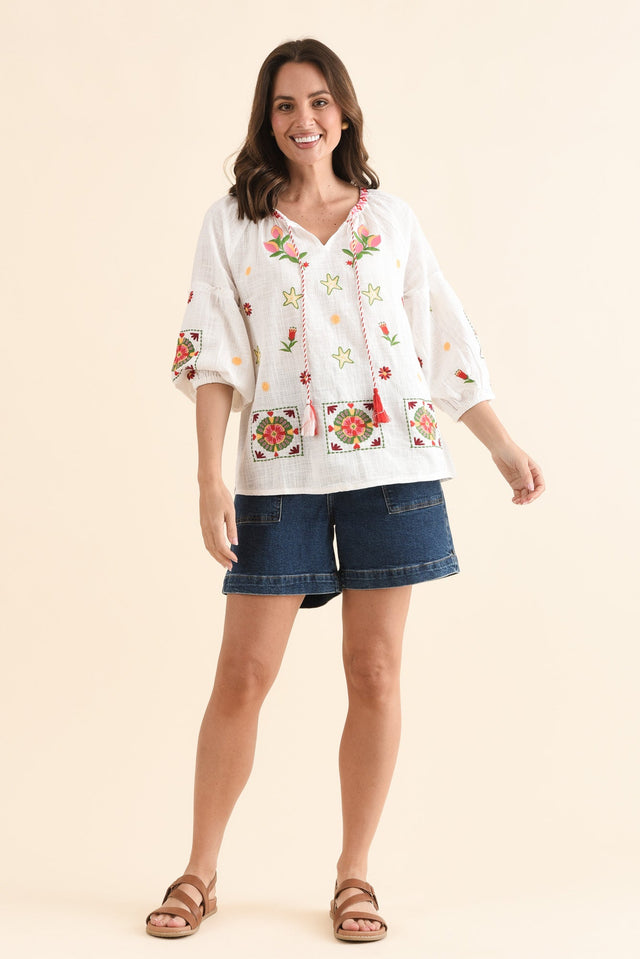 Paradiso Cream Beach Cotton Tassel Top,Full Body,Brunette model,alt text|model:MJ image 6
