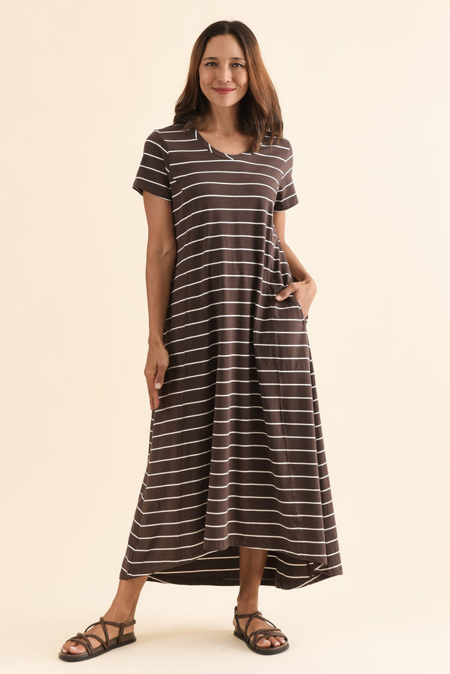 Patrick Dark Brown Stripe Cotton Pocket Dress,Full Body,Brunette model,alt text|model:Cara