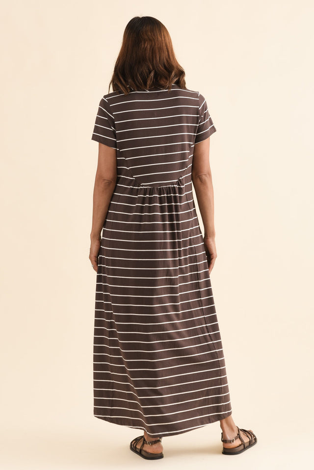 Patrick Dark Brown Stripe Cotton Pocket Dress,Back,Brunette model,alt text|model:Cara image 4