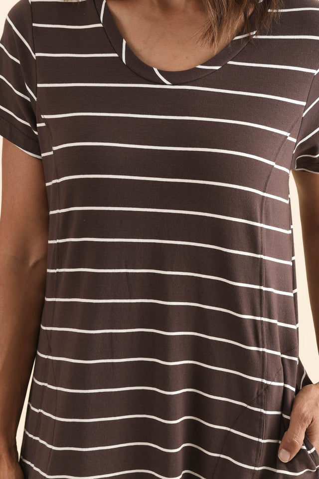 Patrick Dark Brown Stripe Cotton Pocket Dress,Detail,Brunette model,alt text|model:Cara image 5
