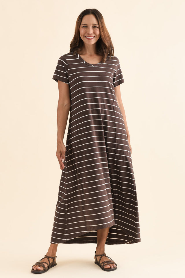 Patrick Dark Brown Stripe Cotton Pocket Dress,Full Body,Brunette model,alt text|model:Cara image 6