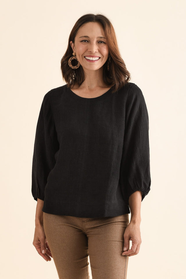 Pattison Black Linen Puff Sleeve Top,Front,Brunette model,alt text|model:Cara image 1