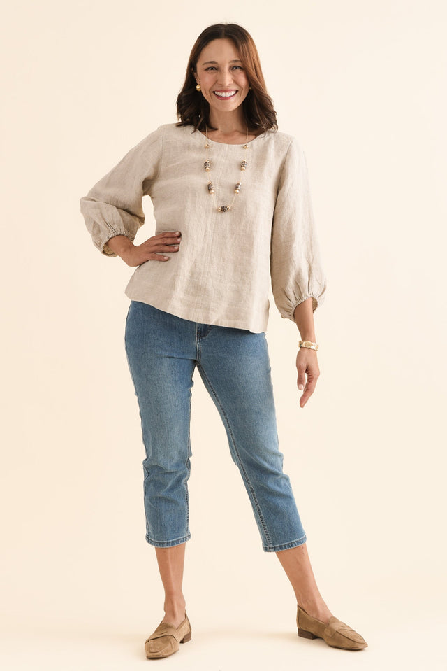 Pattison Natural Linen Puff Sleeve Top,Full Body,Brunette model,alt text|model:Cara image 2