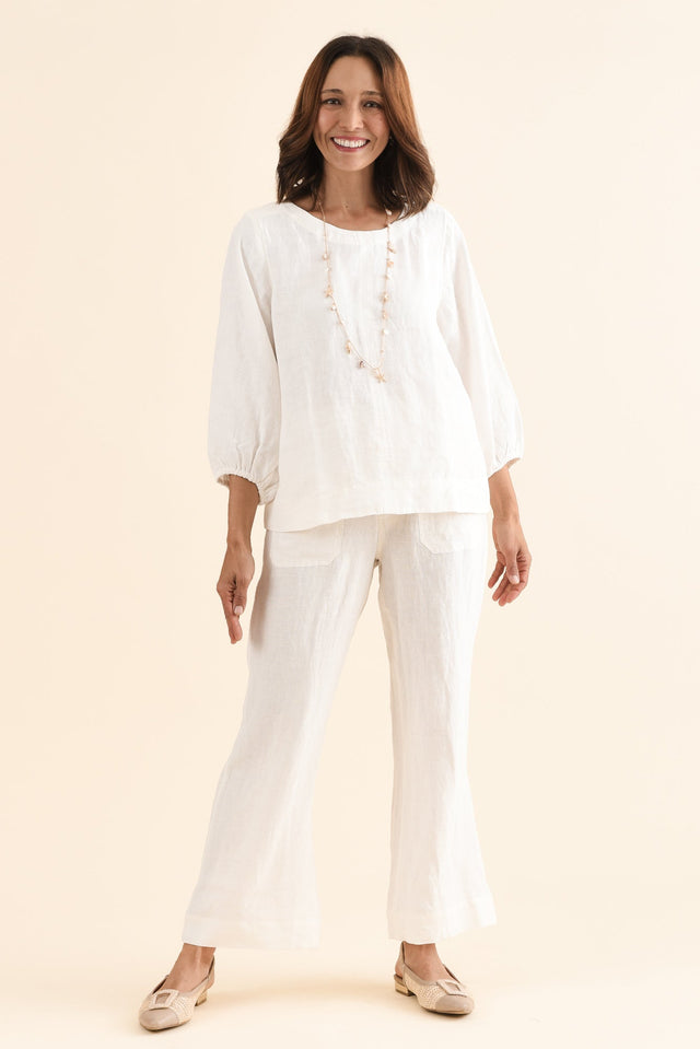 Pattison White Linen Puff Sleeve Top,Full Body,Brunette model,alt text|model:Cara image 6