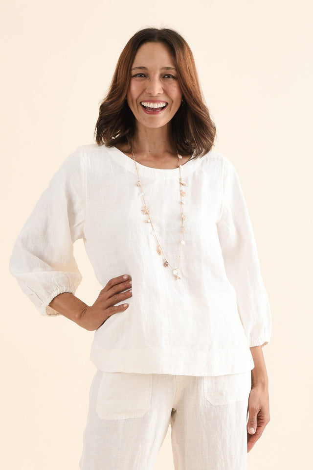 Pattison White Linen Puff Sleeve Top,Front,Brunette model,alt text|model:Cara