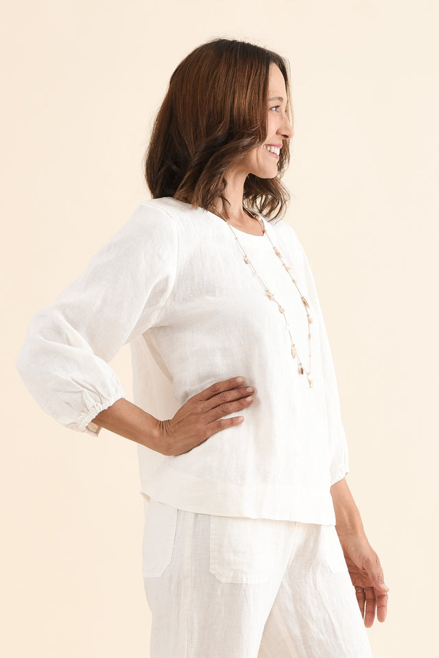 Pattison White Linen Puff Sleeve Top,Side,Brunette model,alt text|model:Cara image 3