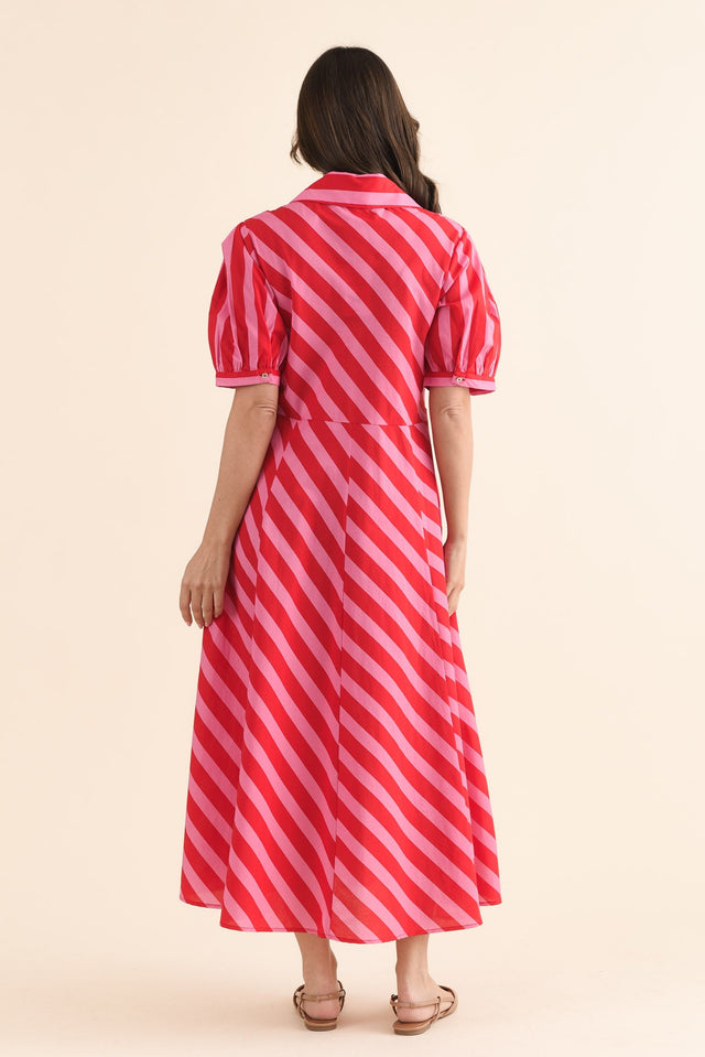 Patty Red Stripe Cotton Shirt Dress,Back,Brunette model,alt text|model:MJ image 4