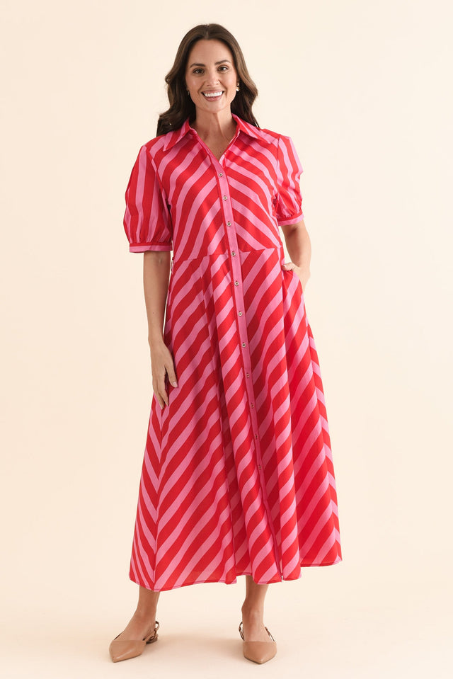 Patty Red Stripe Cotton Shirt Dress,Front,Brunette model,alt text|model:MJ