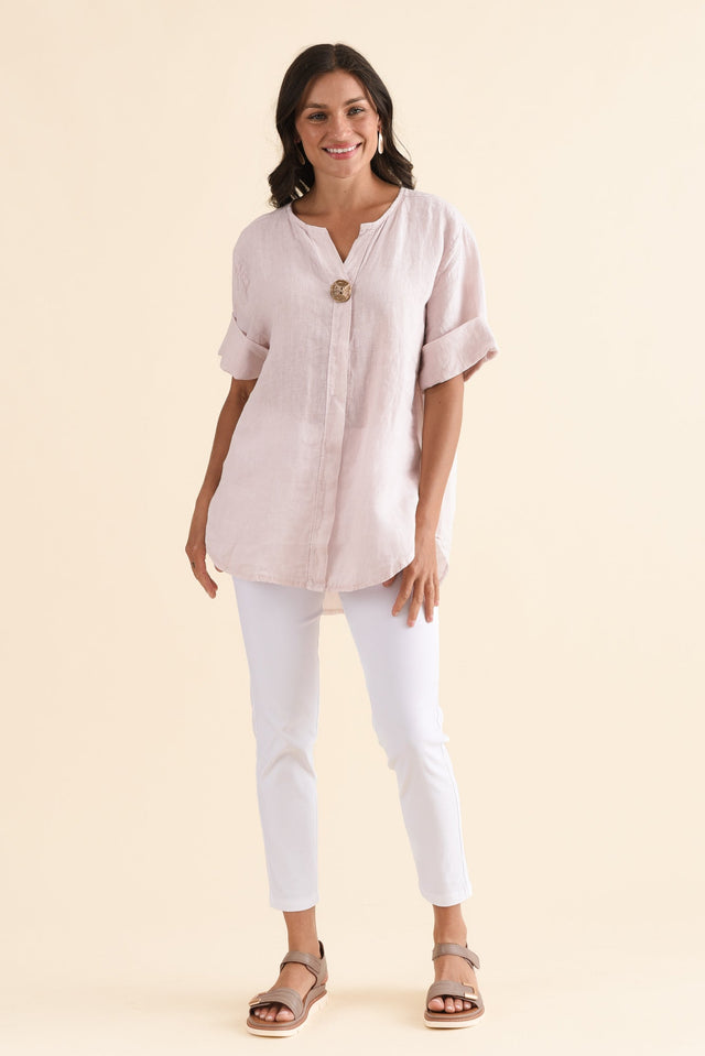 Payton Blush Linen Button Top,Full Body,Brunette model,alt text|model:Brontie