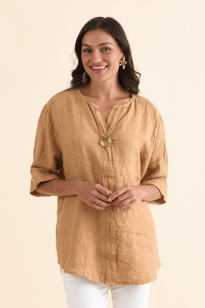 Payton Camel Linen Button Top