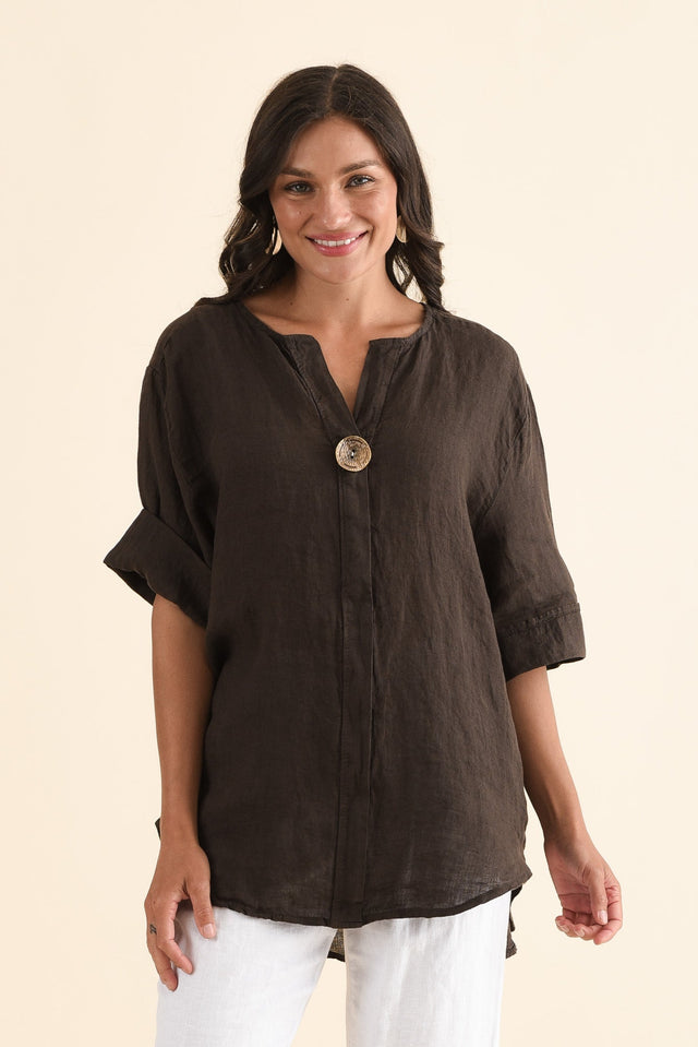Payton Chocolate Linen Button Top,Front,Brunette model,alt text|model:Brontie