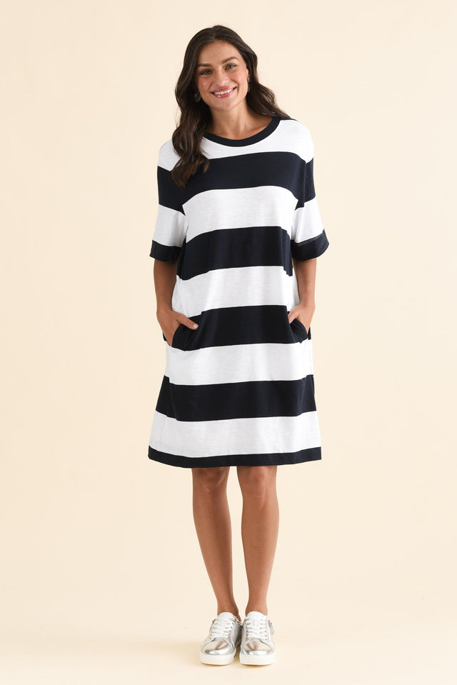 Pebble Navy Stripe Cotton T-Shirt Dress,Full Body,Brunette model,alt text|model:Brontie