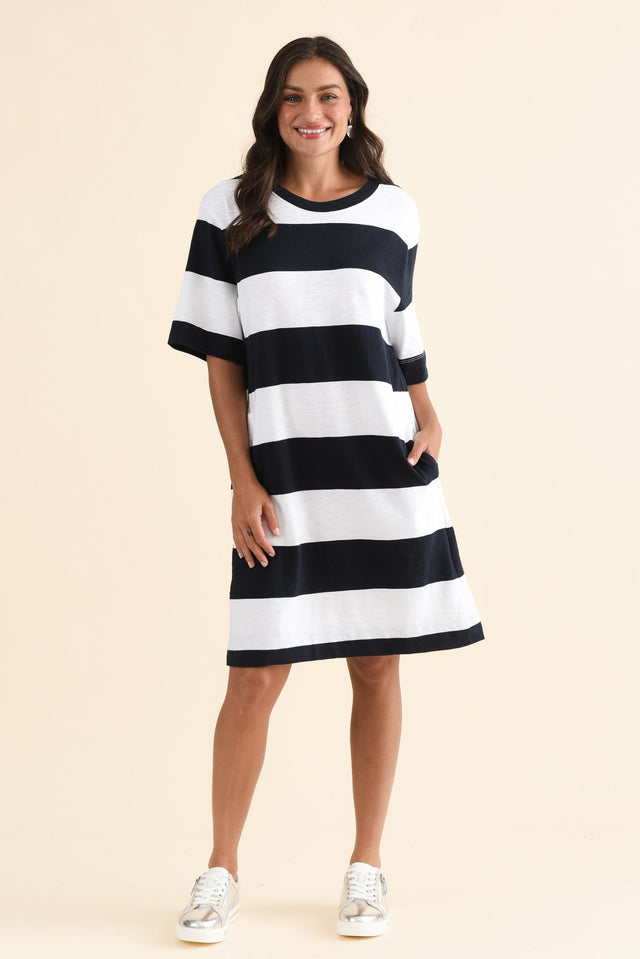 Pebble Navy Stripe Cotton T-Shirt Dress,Full Body,Brunette model,alt text|model:Brontie image 6