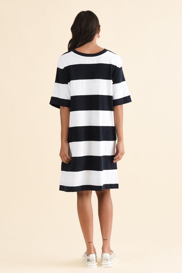 Pebble Navy Stripe Cotton T-Shirt Dress,Back,Brunette model,alt text|model:Brontie image 4