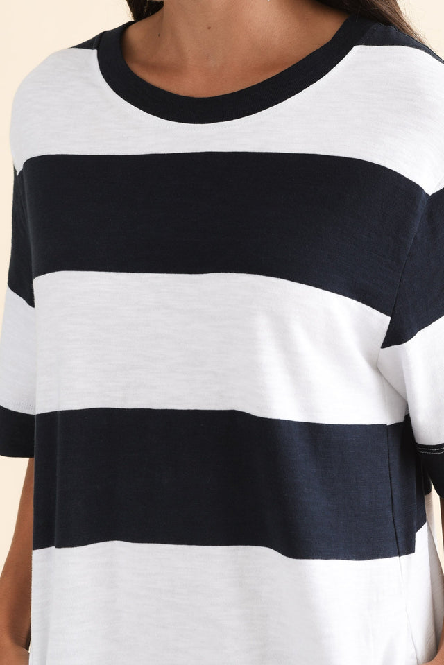 Pebble Navy Stripe Cotton T-Shirt Dress,Detail,Brunette model,alt text|model:Brontie image 5