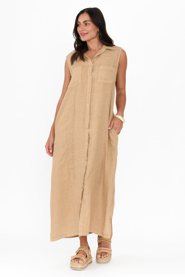 Perla Mocha Linen Button Dress,Brunette model,alt text|model:Brontie image 1